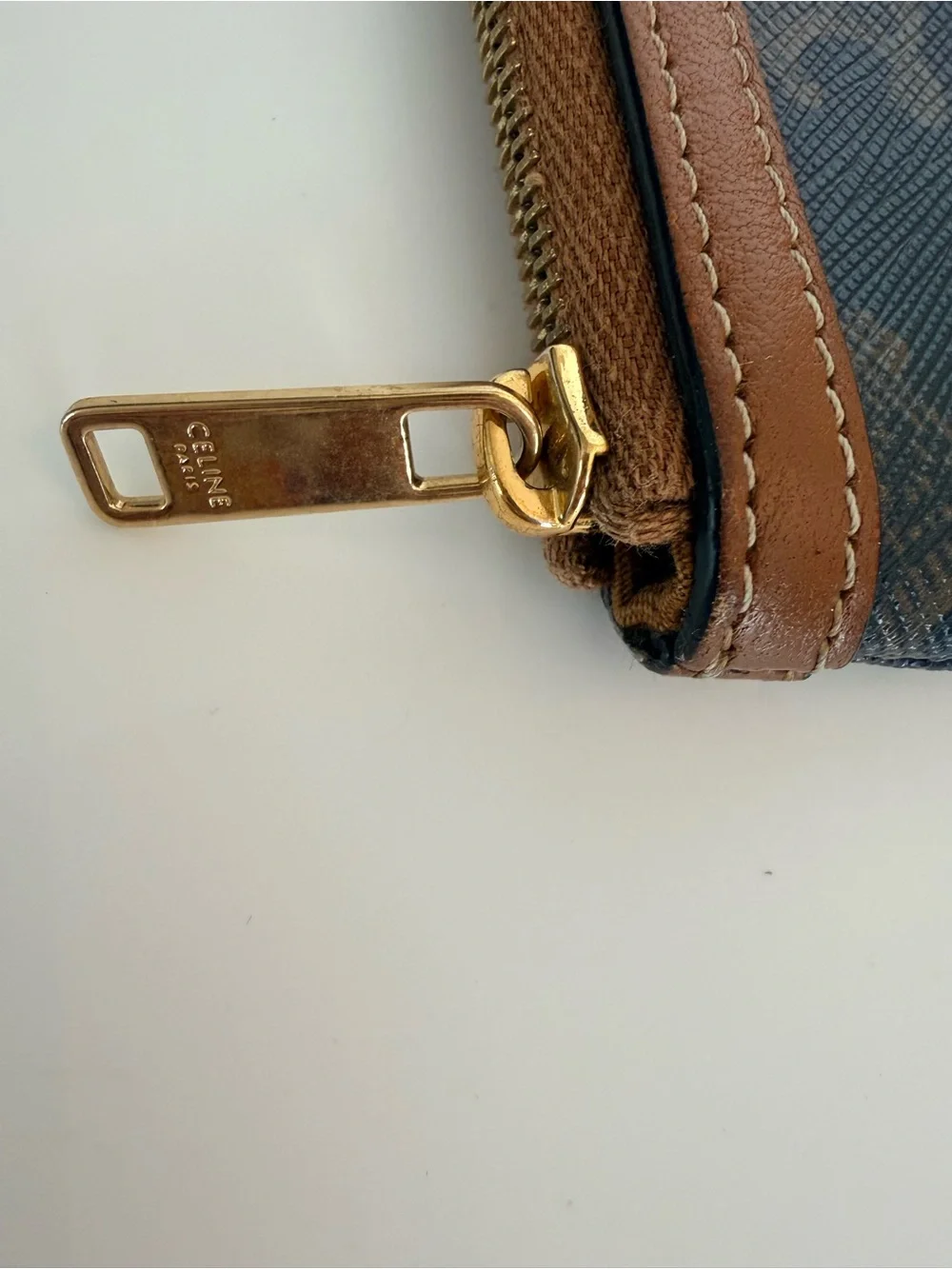 Celine Brown Monogram Canvas Zip Pouch with Tan Leather Trim